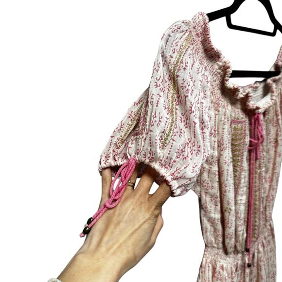 Alicia Bell Pink Ivory Short Puff Sleeve Smocked Cotton Mini Dress Womens Small - Picture 5 of 8